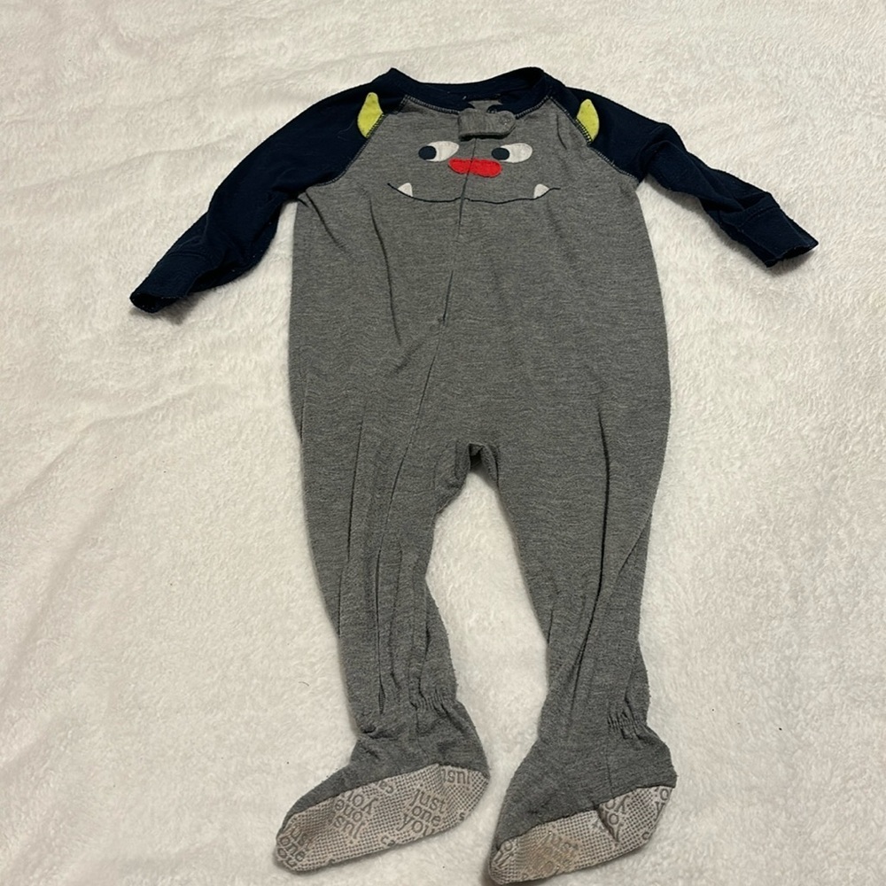 12 month carters footie pajamas with cute little monster on front Gray & blue